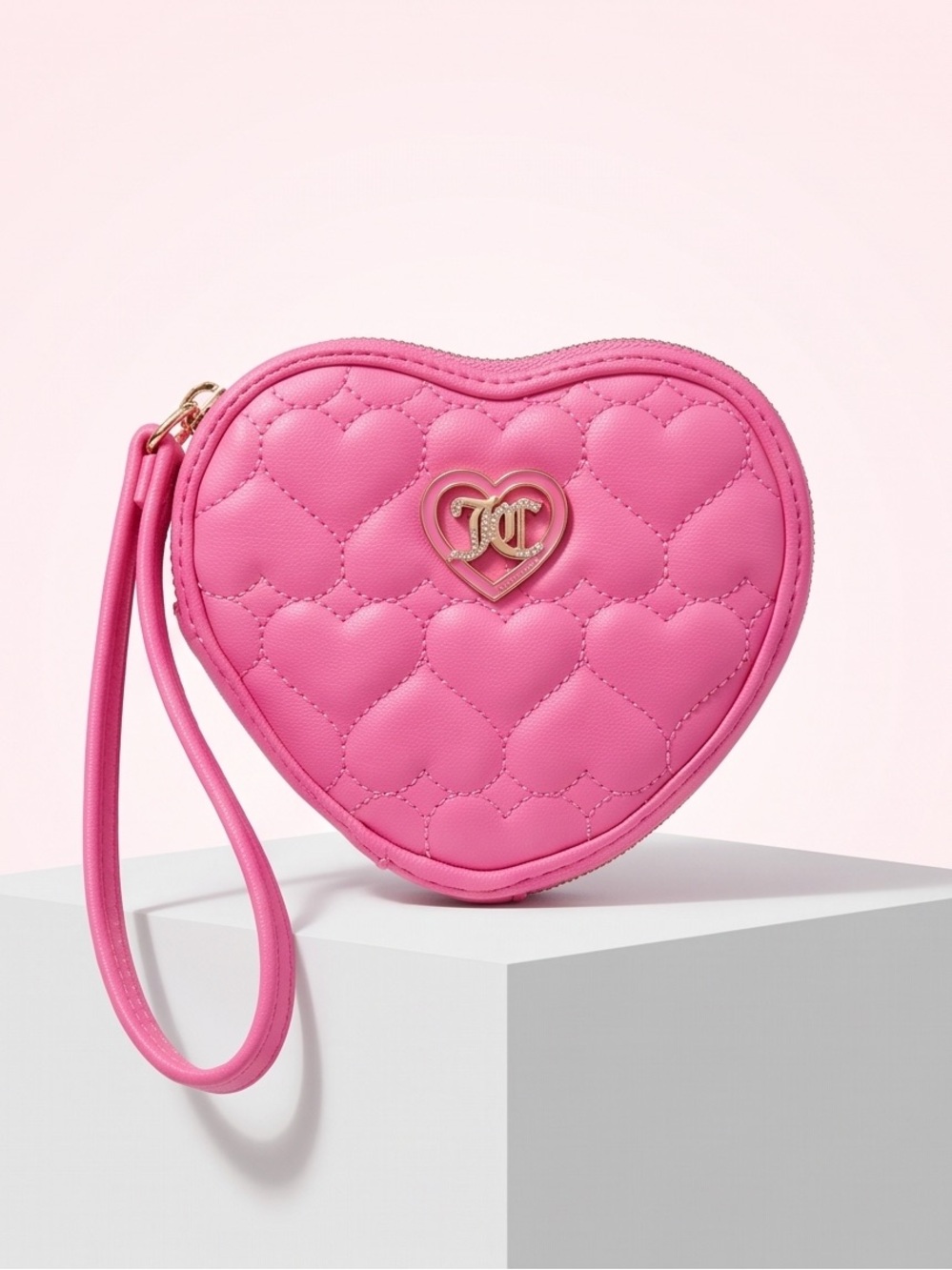 Juicy Couture Pink Quilted Heart Wristlet with Gold Logo Accent